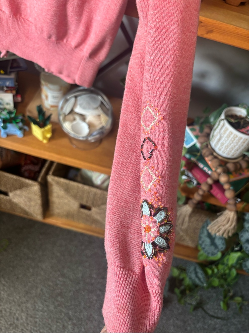 Sundance Coral Pink Floral Beaded Cardigan | Small - Picture 6 of 6